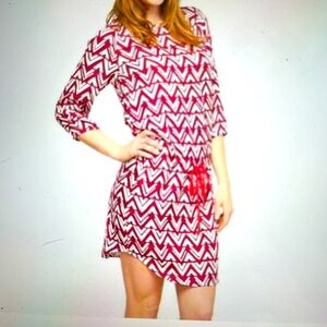 Hatley Blocked Chevron Dress in Dark Pink and White with Red Trim.